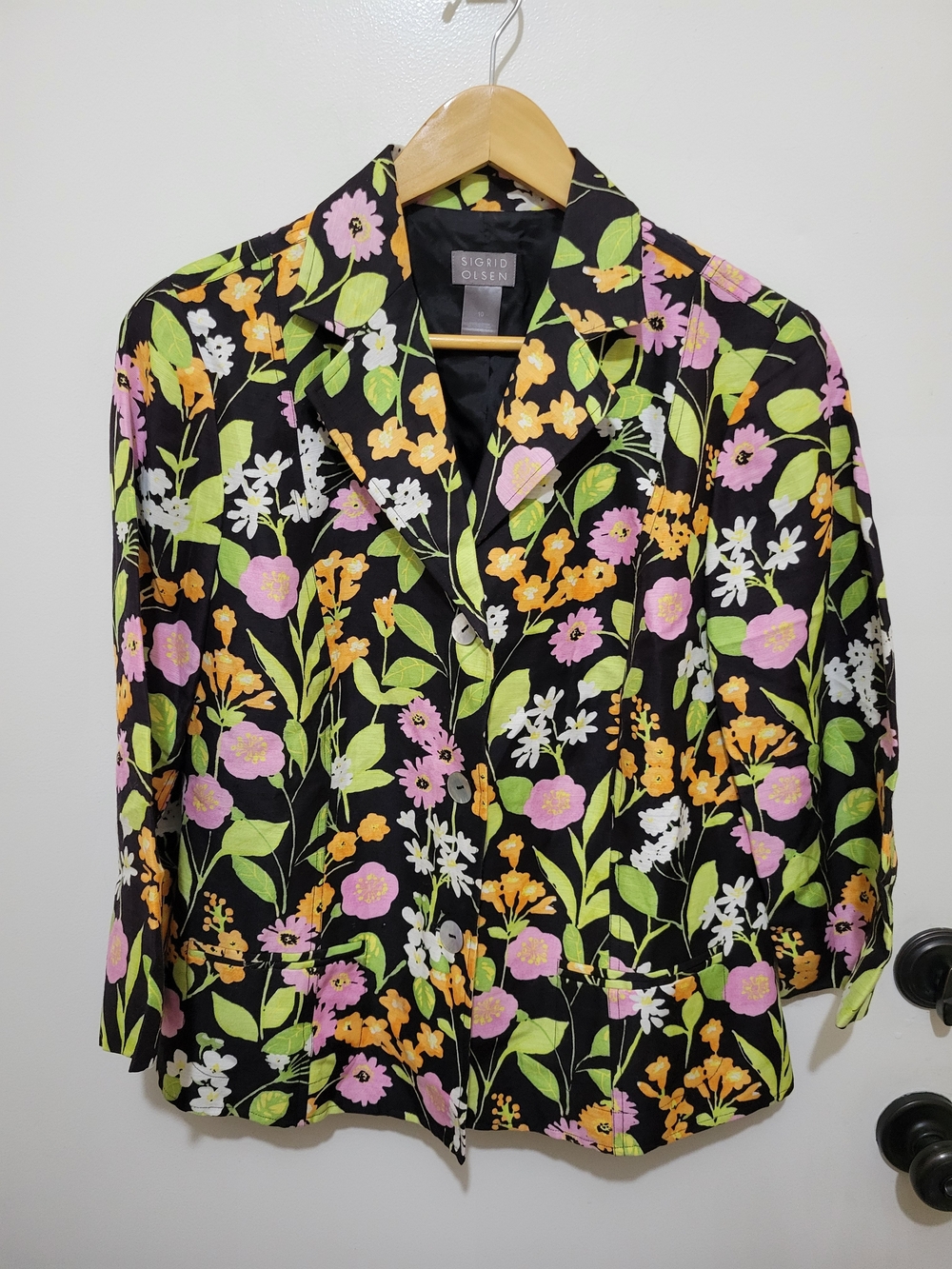 Sigrid Olsen Black Lined Linen Blazer with Pink, Lime & Orange Floral Print